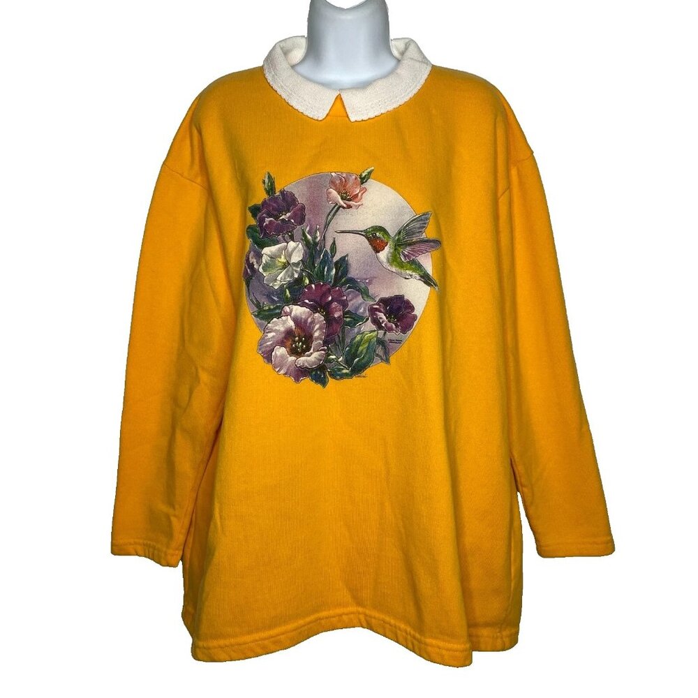 Vintage 90s Yellow Sweatshirt Size XL Floral Hummingbird Collared Grannycore